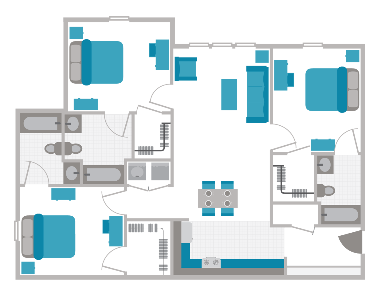 A graphic representation of a building layout with various rooms and furniture.